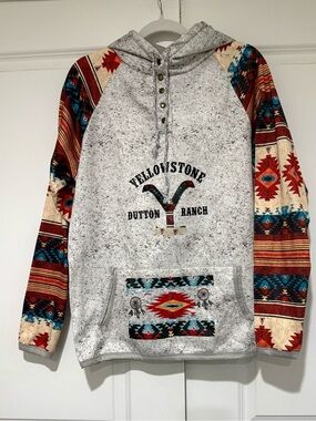 Yellowstone Dutton Ranch Hoodie with Multicolor Aztec-Print Sleeves and Pocket